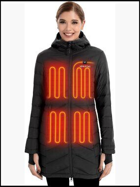 Women's Long Heated Down Jacket with Battery, 90% Duck Down Quilted Puffer for